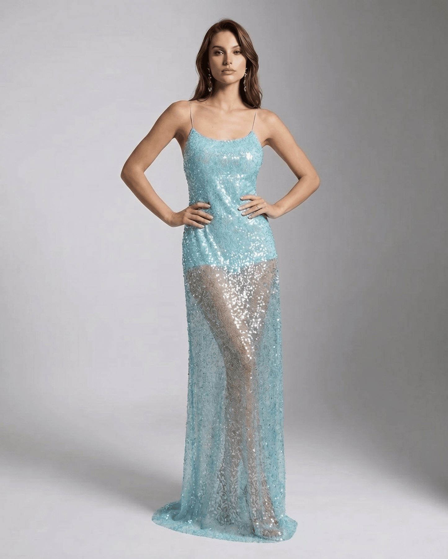 Celeste Maxi Dress featuring aqua sequins, U-neck, strappy back, by Lauven, perfect for making a striking statement.