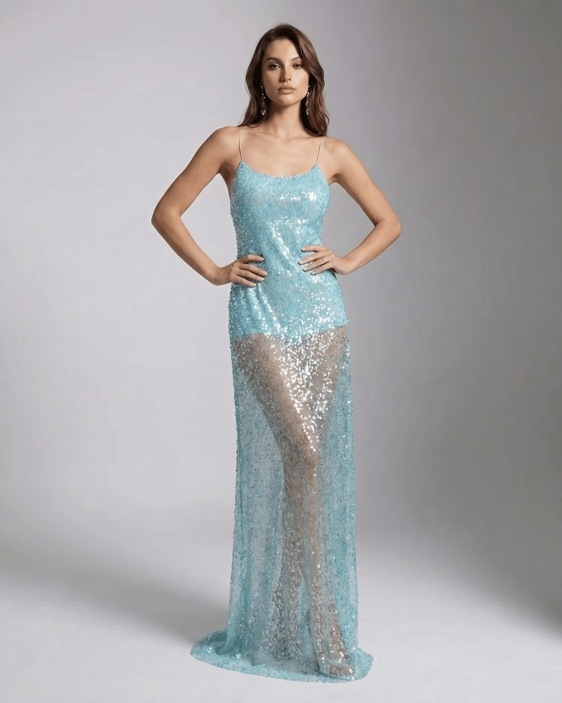 Celeste Maxi Dress featuring aqua sequins, U-neck, strappy back, by Lauven, perfect for making a striking statement.