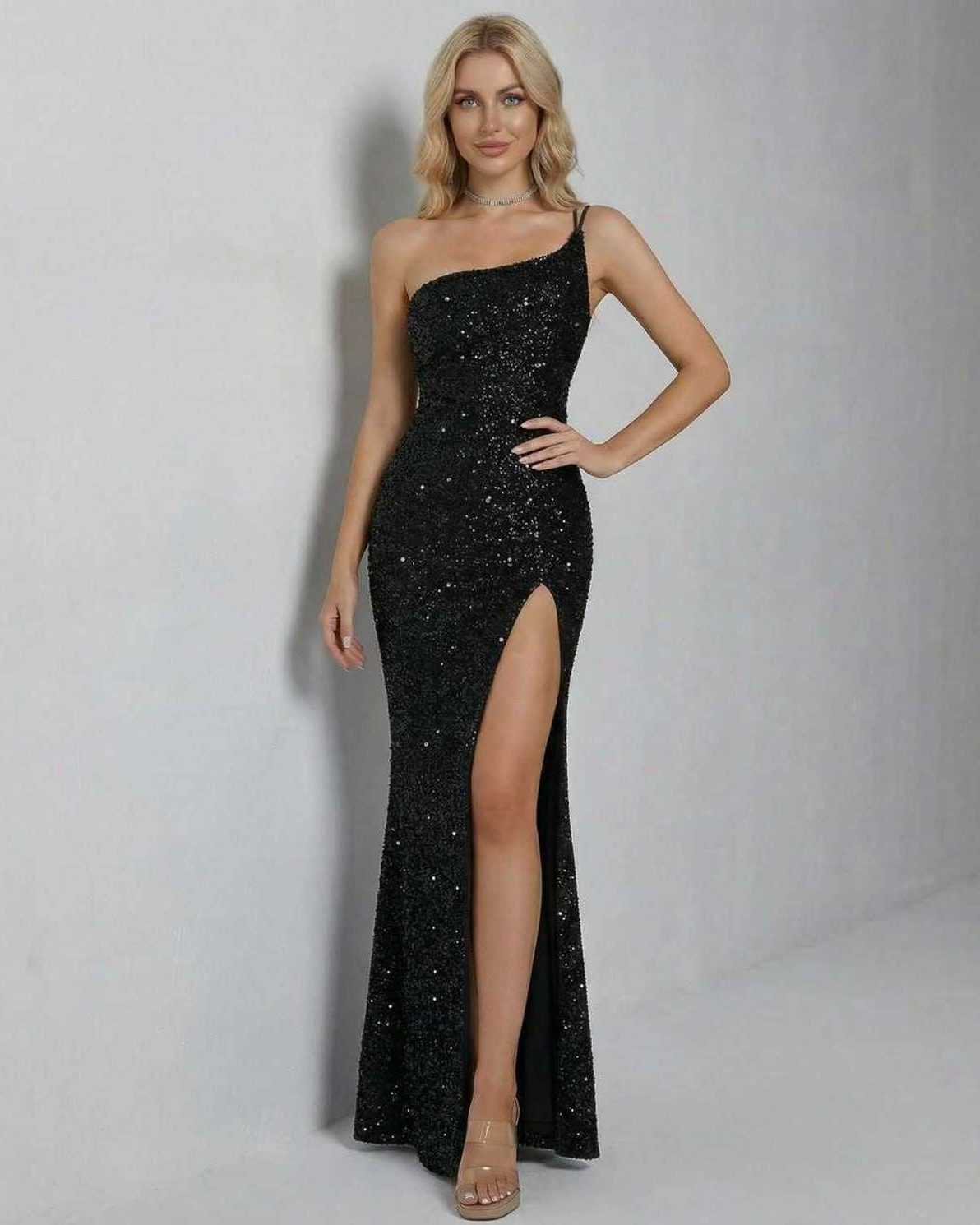 Celeste Maxi Dress by Lauven, elegant one-shoulder black sequin gown with a thigh-high slit.
