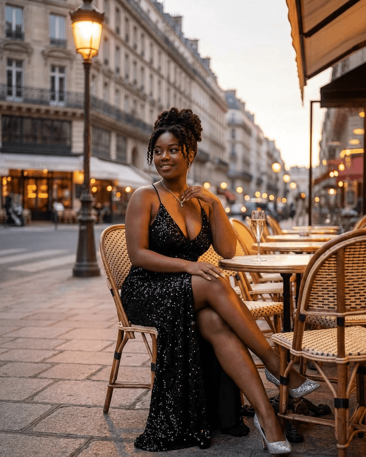 Celeste Maxi Dress by Lauven, elegant velvet sequin party dress showcased in a stylish outdoor Parisian setting.