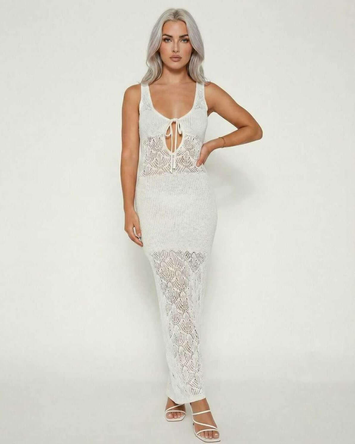 Celeste Maxi Dress by Lauven, featuring a crochet knit tank design and elegant fit, showcasing a unique tie-back style.