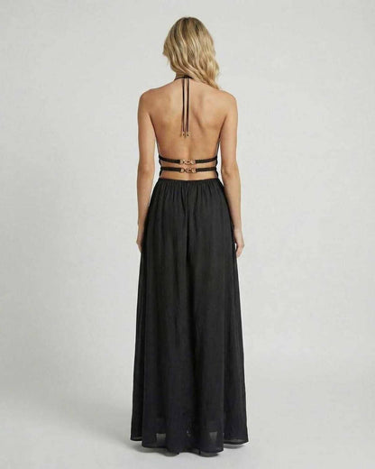Celeste Maxi Dress by Lauven – Elegant back view showcasing the sleek black silhouette and halter neck design.