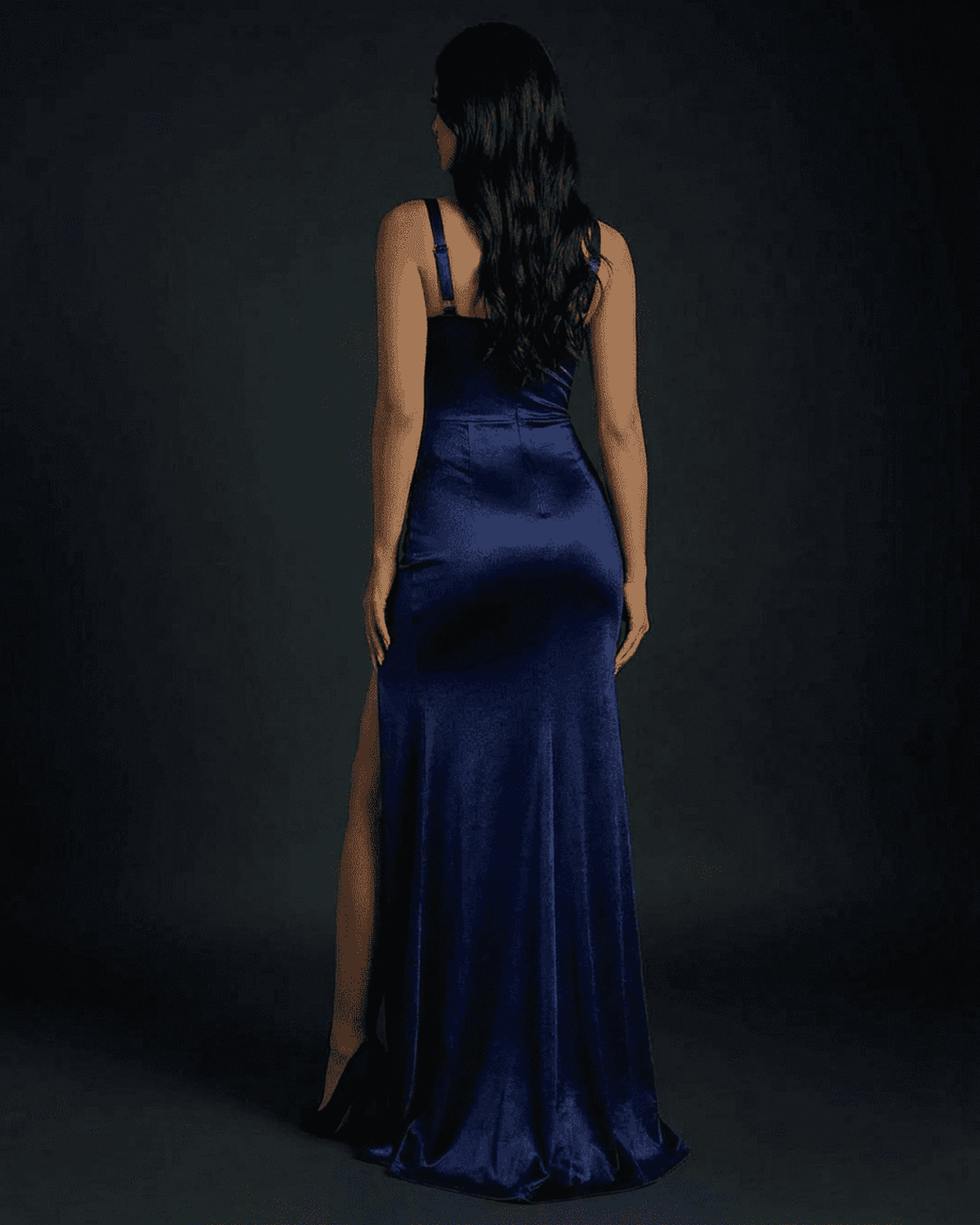 Back view of the Celeste Maxi Dress by Lauven, showcasing its luxurious satin finish and elegant mermaid silhouette.