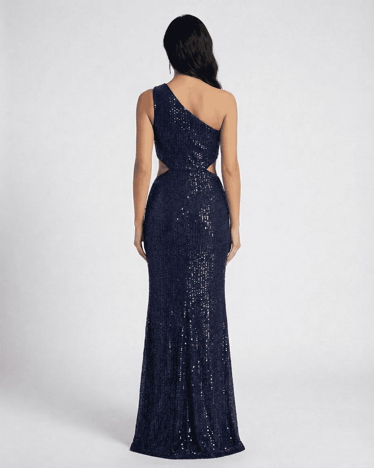 Celeste Maxi Dress by Lauven, showcasing the back view with shimmering sequins and a one-shoulder design.