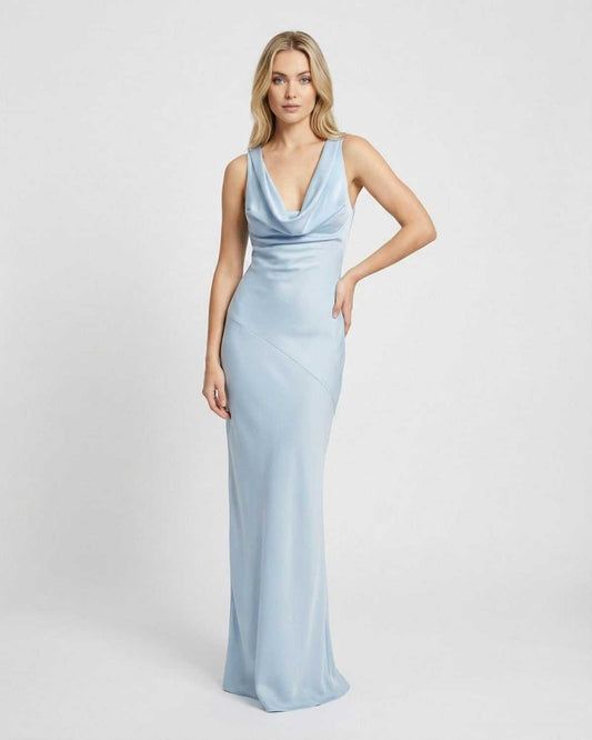 Celeste Maxi Dress by Lauven in a soft blue satin-effect with a cowl neck and sleeveless design, showcasing elegance.