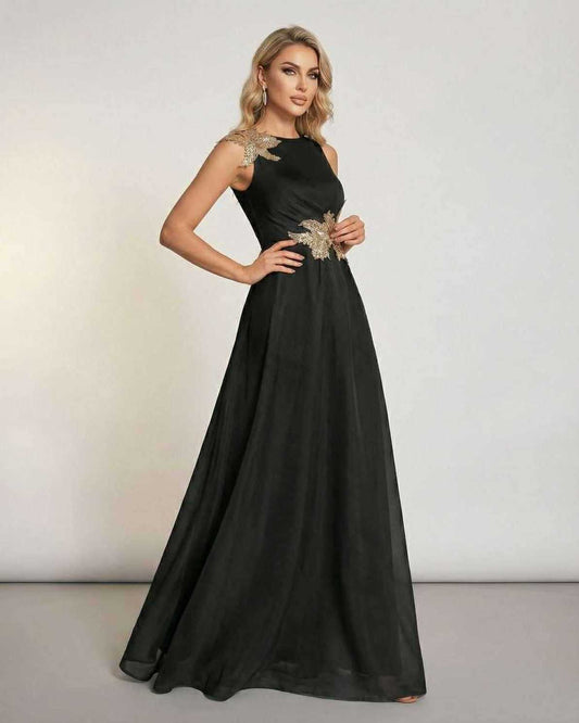 Celeste Maxi Dress by Lauven featuring a sleeveless design with elegant patchwork detail and flowing silhouette.