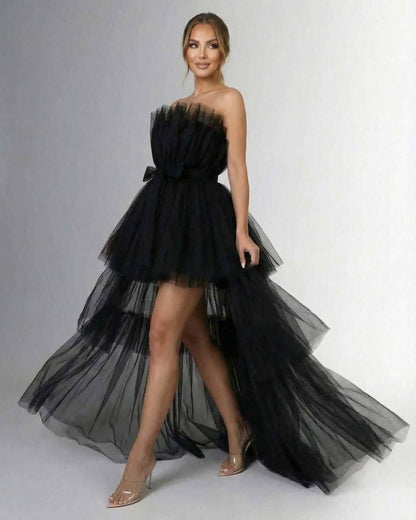 Celeste Maxi Dress by Lauven featuring a stunning strapless design with dramatic tulle overlay.