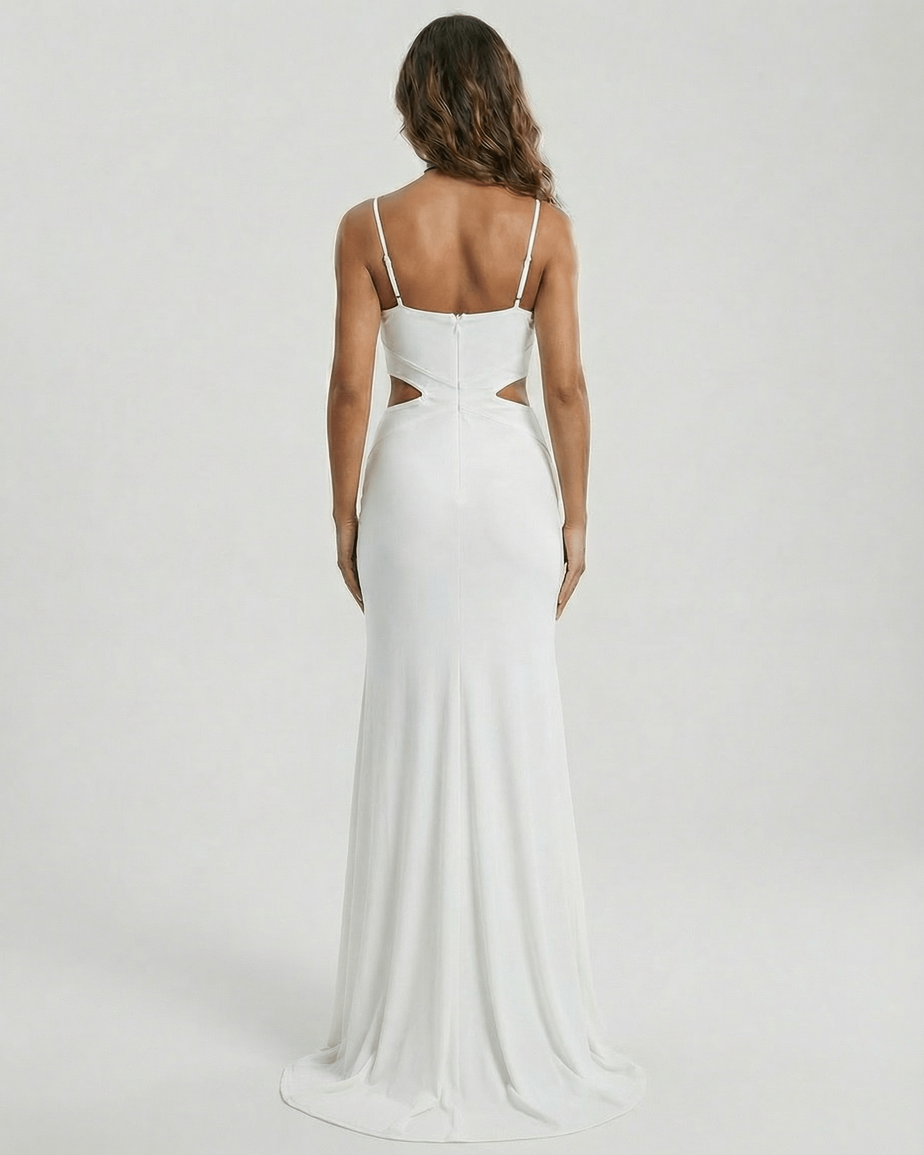 Celeste Maxi Dress by Lauven, showcasing a white strapless cutout design from the back, highlighting its elegant silhouette.