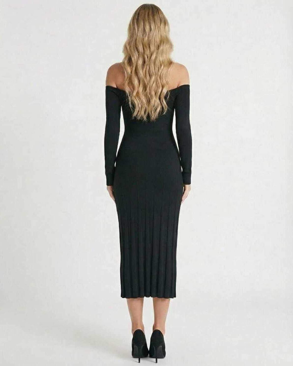 Back view of the elegant Celeste Midi Dress by Lauven showcasing its off-shoulder style and slim fit design.