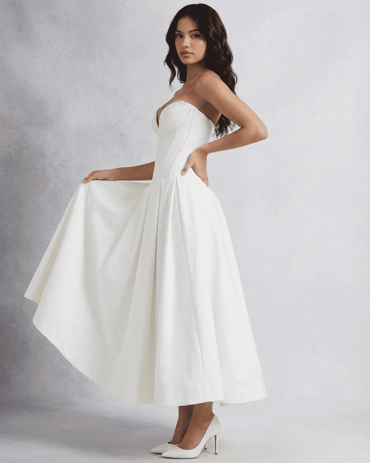 Celeste Midi Dress by Lauven featuring an elegant strapless corset A-line design, perfect for special events.