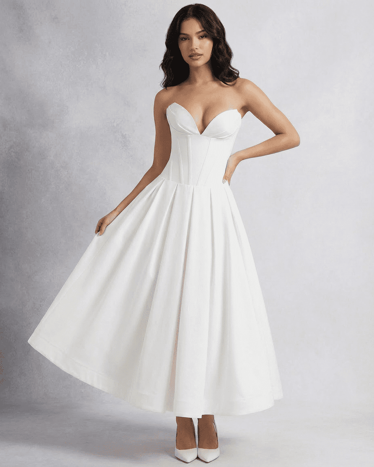 Celeste Midi Dress by Lauven – Elegant strapless corset A-line dress in white, perfect for special occasions.