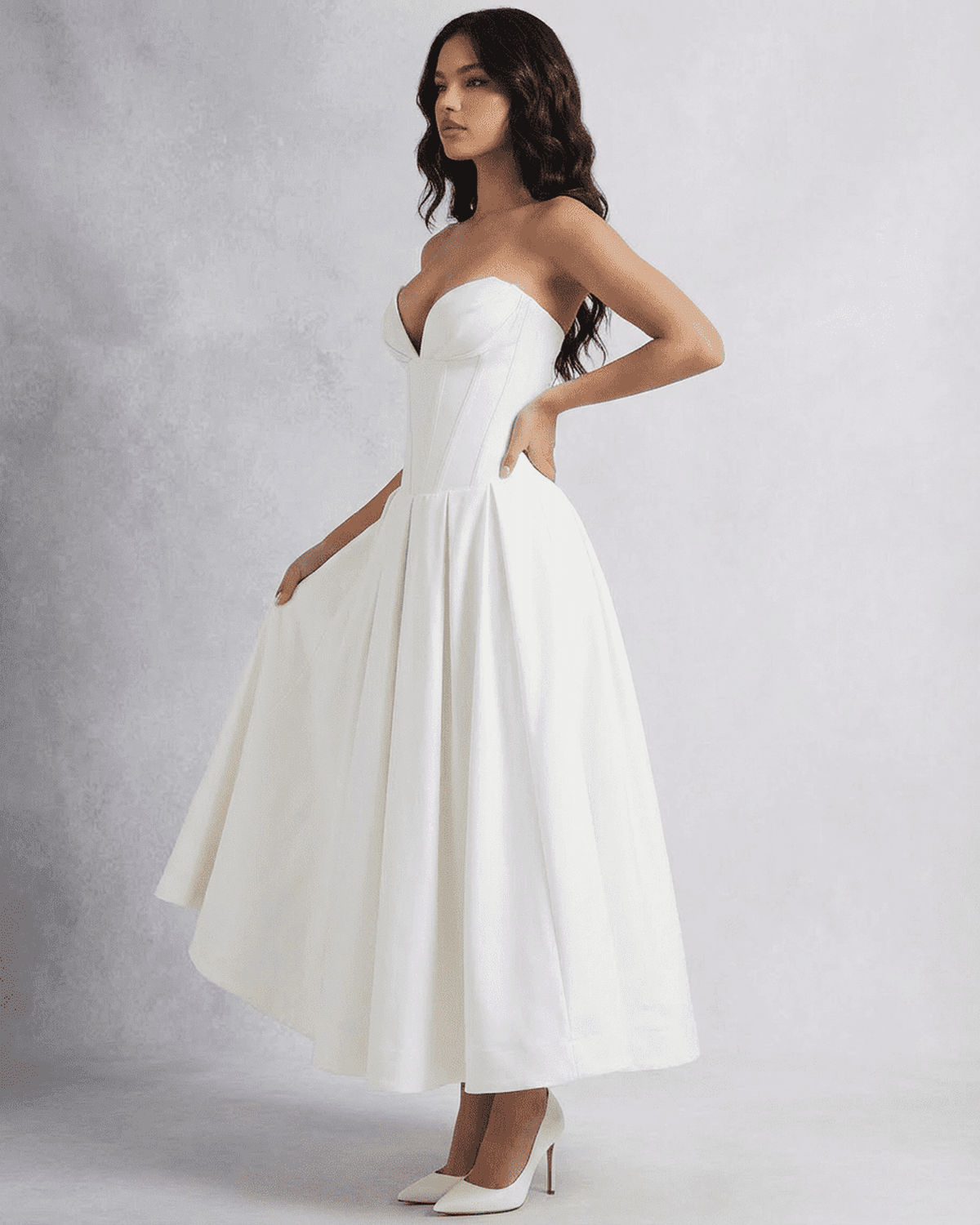 Celeste Midi Dress by Lauven, elegant strapless corset A-line dress for special events.