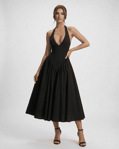 Celeste Midi Dress by Lauven featuring halter neck design and A-line silhouette for elegant evening wear.