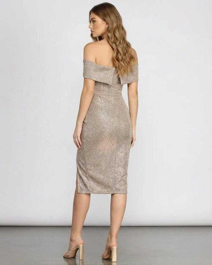 Back view of Celeste Midi Dress by Lauven, featuring off-shoulder design and shimmering glitter fabric.