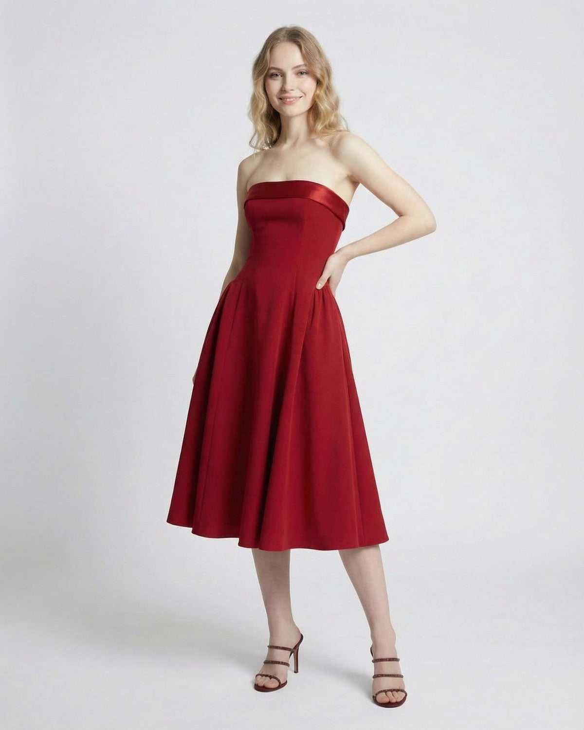 Celeste Midi Dress by Lauven - Elegant strapless high-waist midi dress with pockets, perfect for modern evenings.
