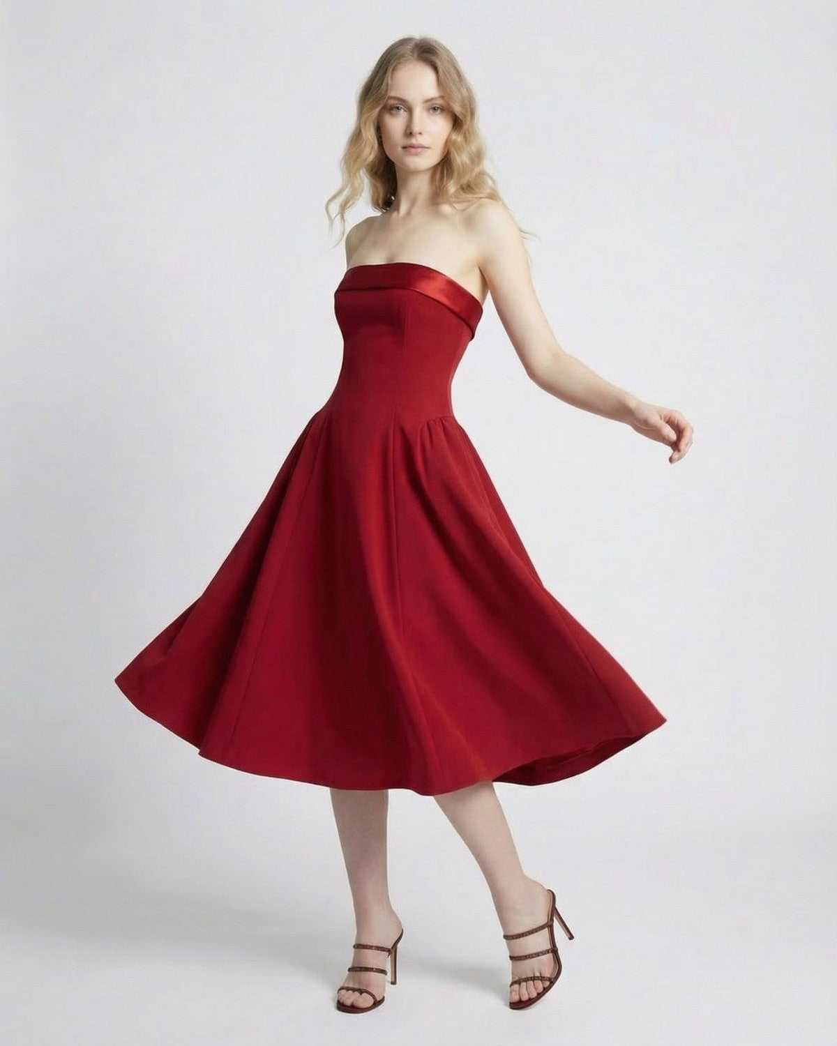 Celeste Midi Dress by Lauven, strapless high-waist midi silhouette in elegant red with flattering pockets.