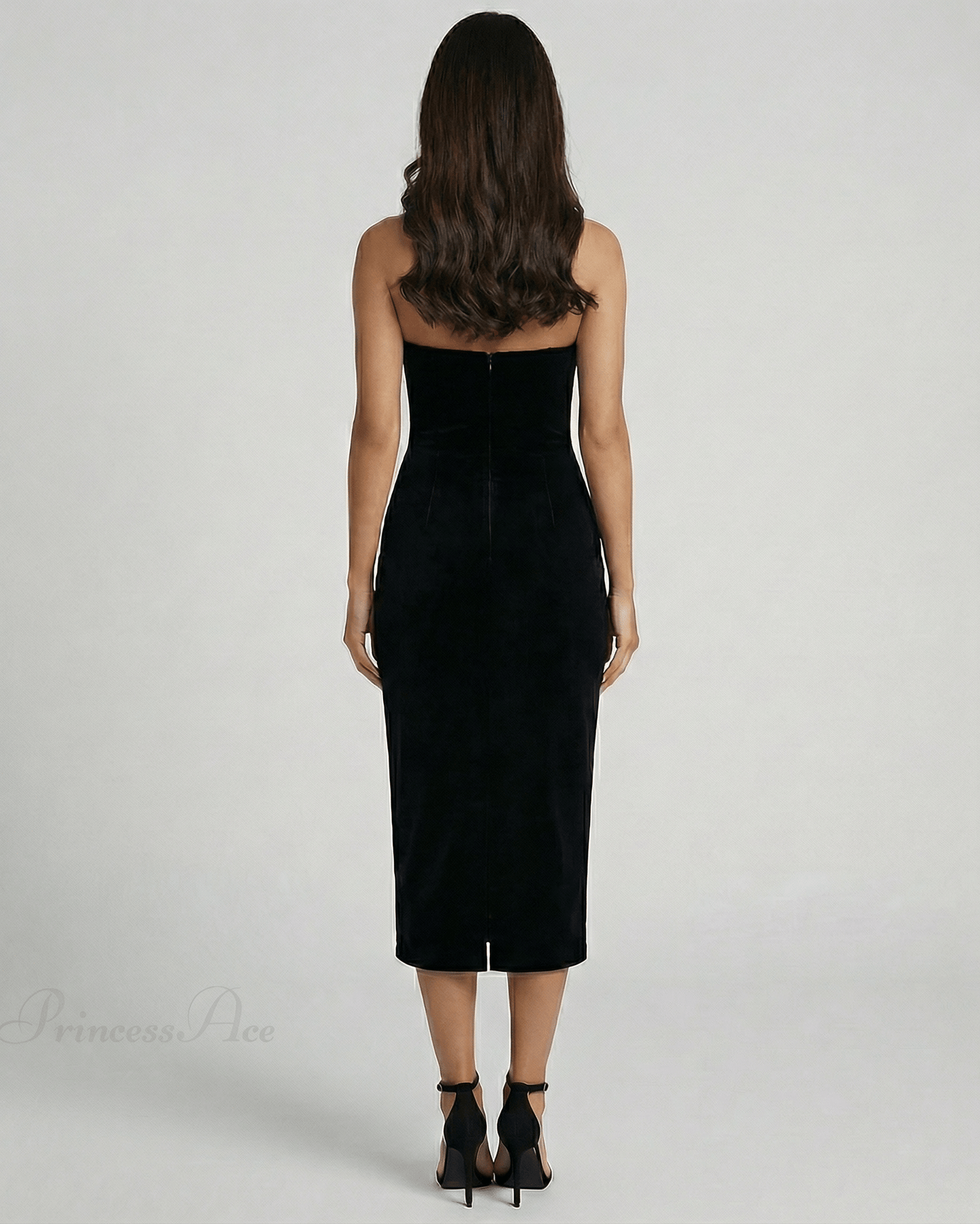 Celeste Midi Dress by Lauven, showcasing a sleek strapless design in a black sheath style from the back view.