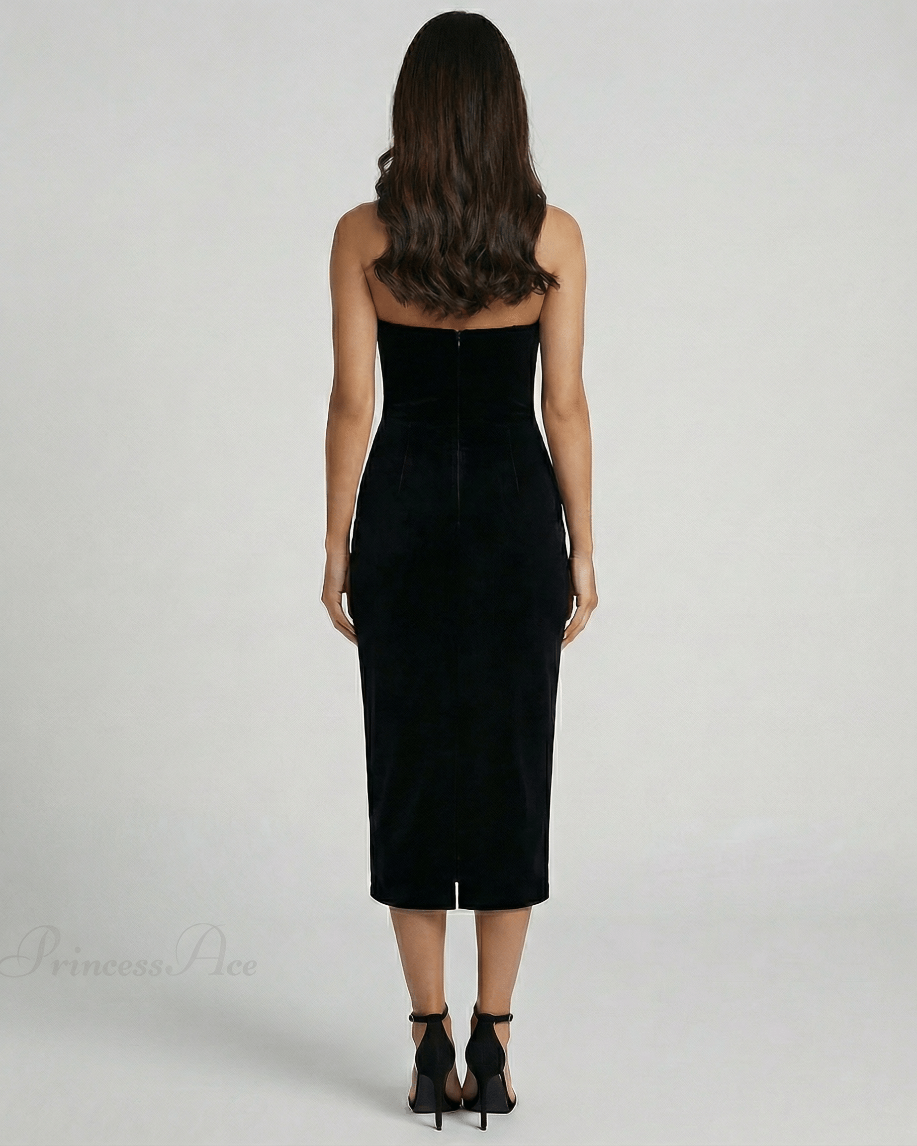 Celeste Midi Dress by Lauven, showcasing a sleek strapless design in a black sheath style from the back view.