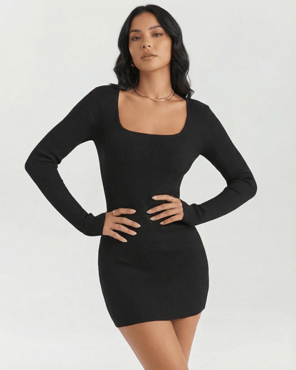 Celeste Mini Dress by Lauven, featuring a ribbed long sleeve design and a sleek square neckline.