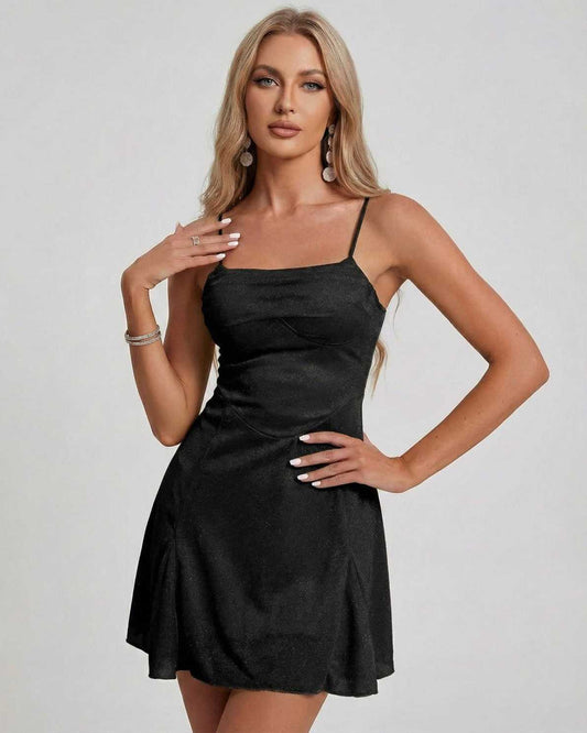 Celeste Mini Dress by Lauven in black with a shimmering satin finish, showcasing a flattering A-line silhouette.