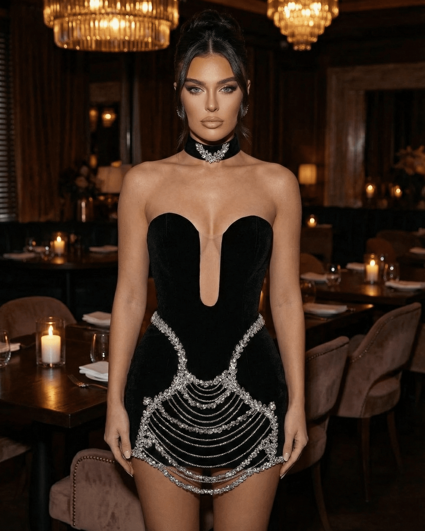 Celeste Mini Dress by Lauven - Velvet bodycon dress featuring rhinestone chain detail and deep V-neck in a chic setting.