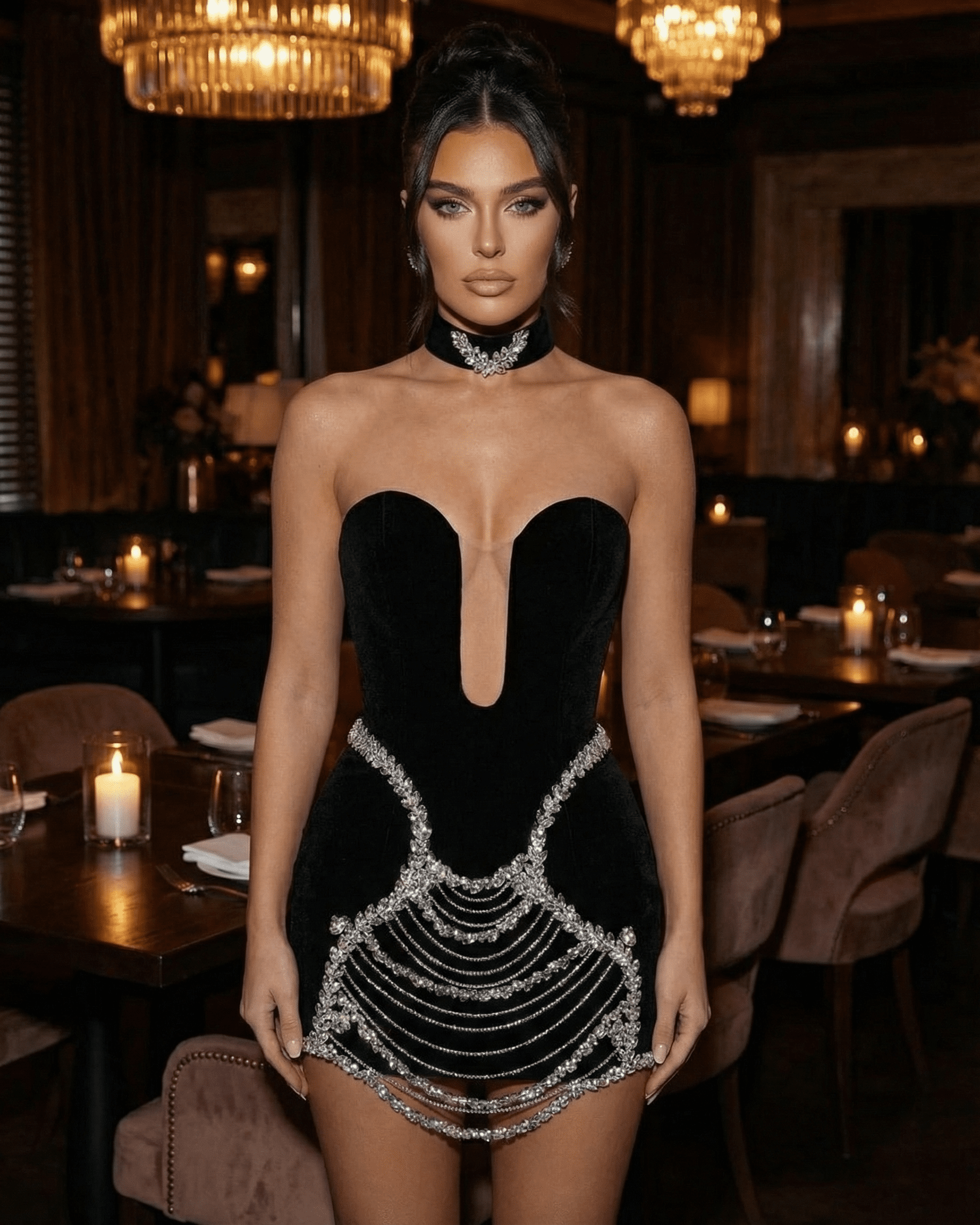 Celeste Mini Dress by Lauven - Velvet bodycon dress featuring rhinestone chain detail and deep V-neck in a chic setting.