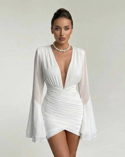 Celeste Mini Dress by Lauven - Elegant V-Neck Sheath with Dramatic Sleeves in White