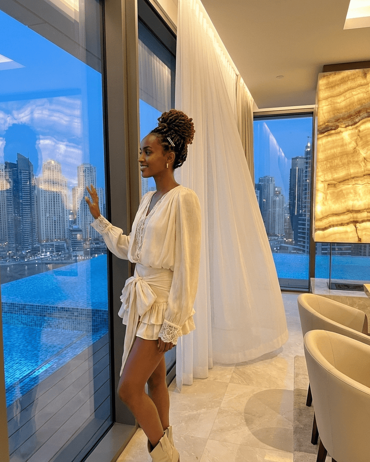 Elegant woman in Lauven Celeste Mini Dress, showcasing lace detail and V-neck by a luxurious window view.