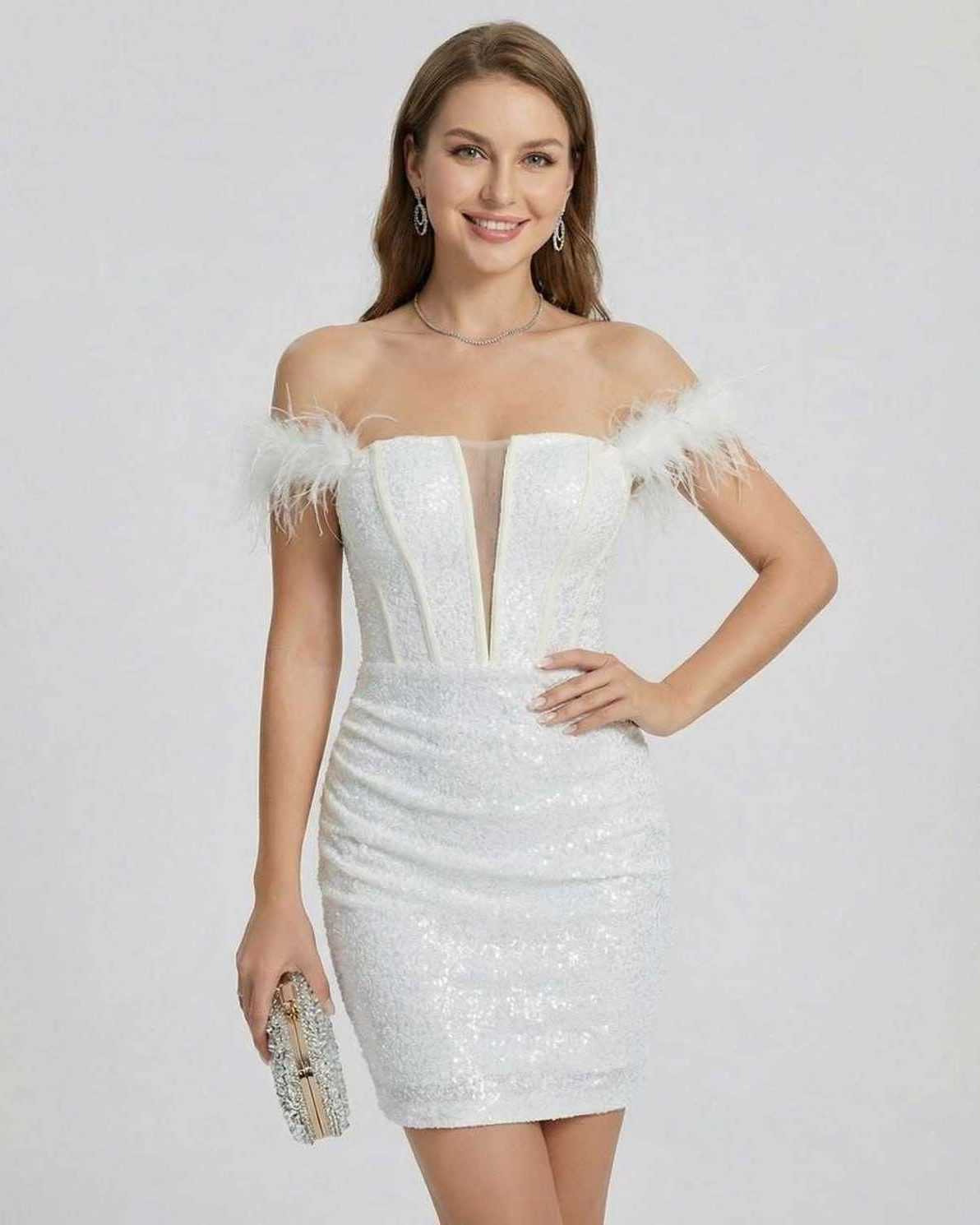 Celeste Mini Dress by Lauven featuring off-shoulder design and feathered details in shimmering white sequins.
