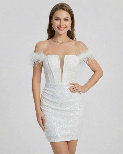 Lauven Celeste Mini Dress featuring feathered off-shoulder elegance and shimmering sequins in pristine white.