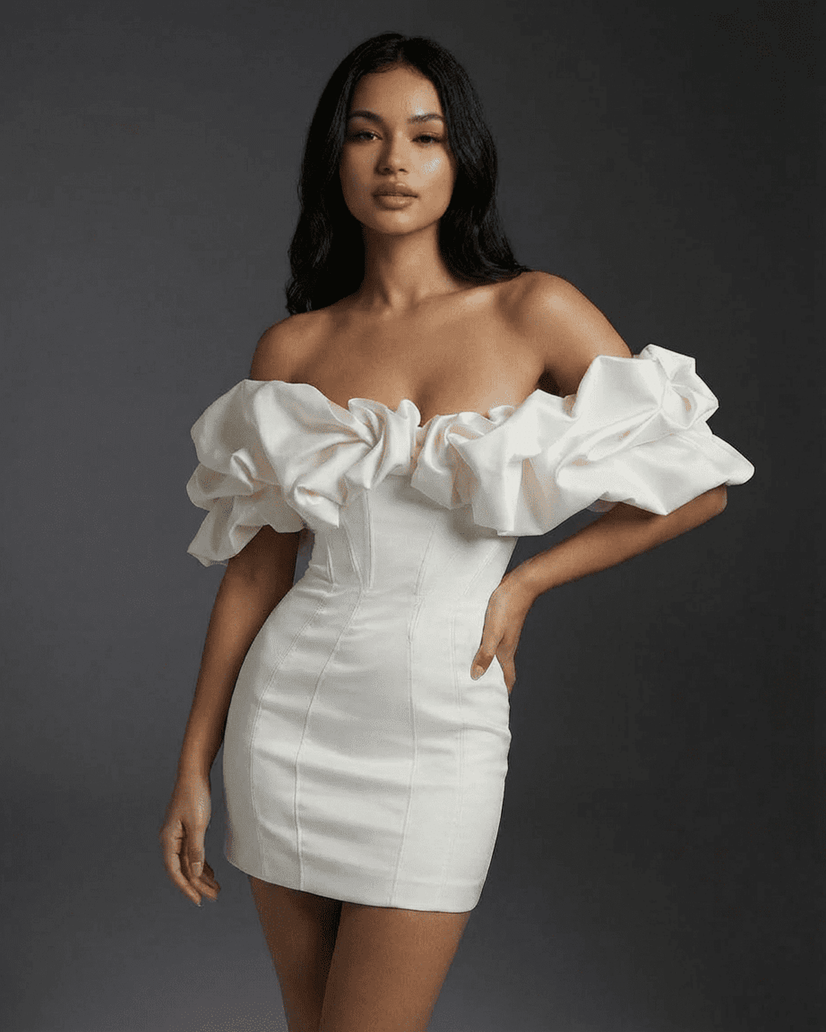 Celeste Mini Dress by Lauven featuring a boned structure and ruffle trim for a sleek, tailored look.