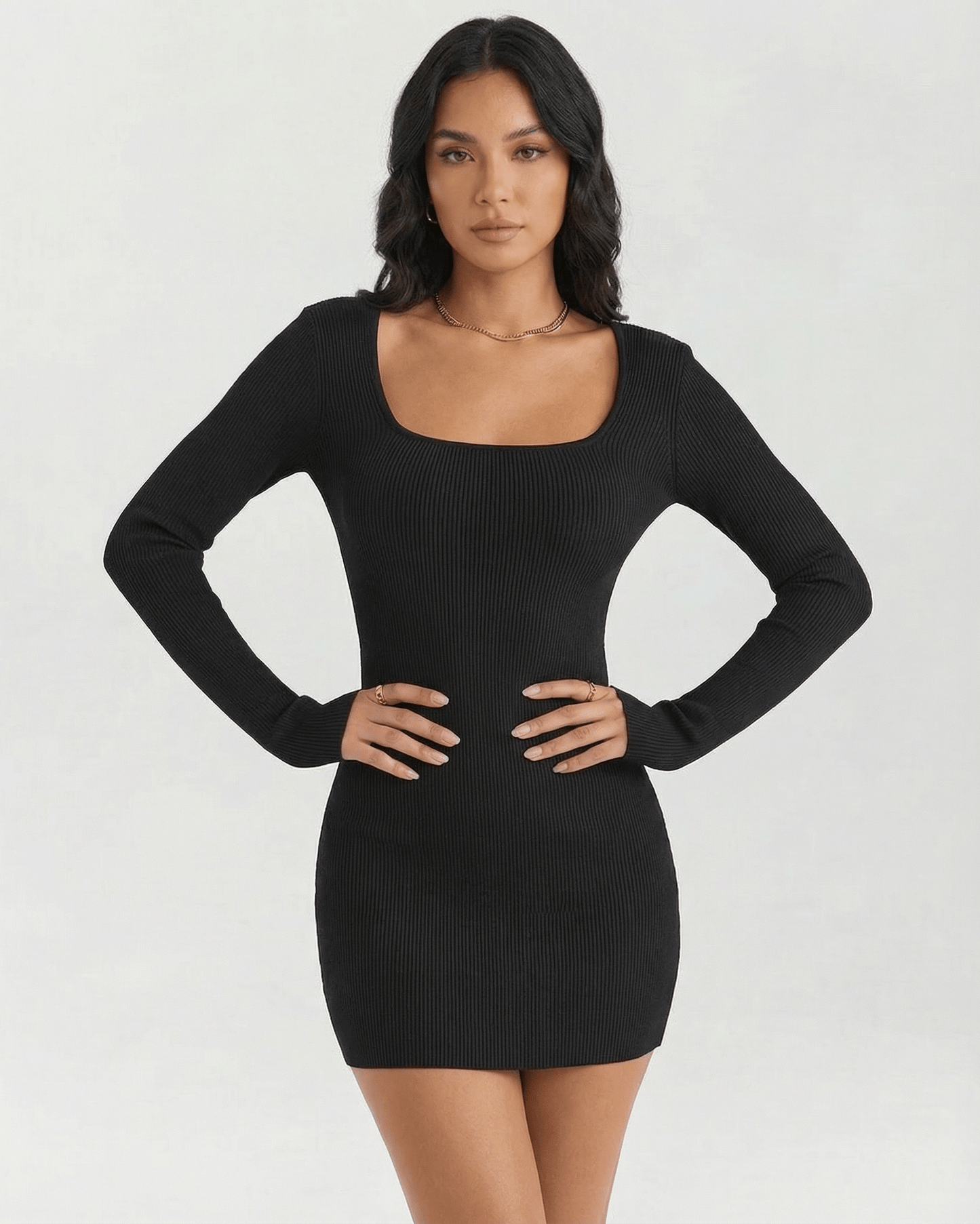 Celeste Mini Dress by Lauven - Ribbed long sleeve square neck black mini dress, perfect for day-to-evening styling.