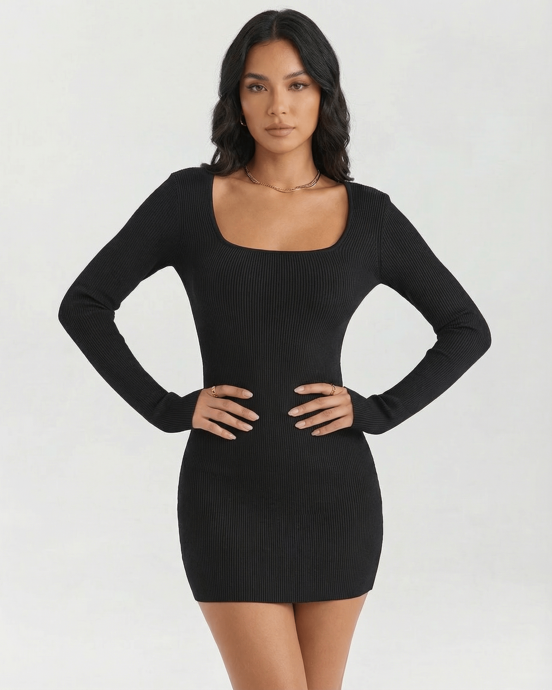 Celeste Mini Dress by Lauven - Ribbed long sleeve square neck black mini dress, perfect for day-to-evening styling.