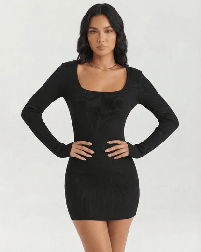 Celeste Mini Dress by Lauven - Ribbed long sleeve square neck black mini dress, perfect for day-to-evening styling.