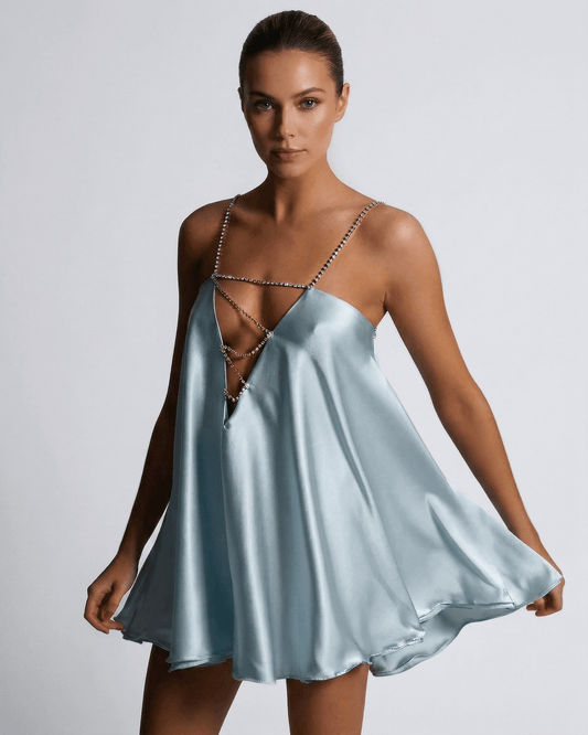Celeste Mini Dress by Lauven - Sky blue satin A-line with rhinestone details, perfect for summer events.