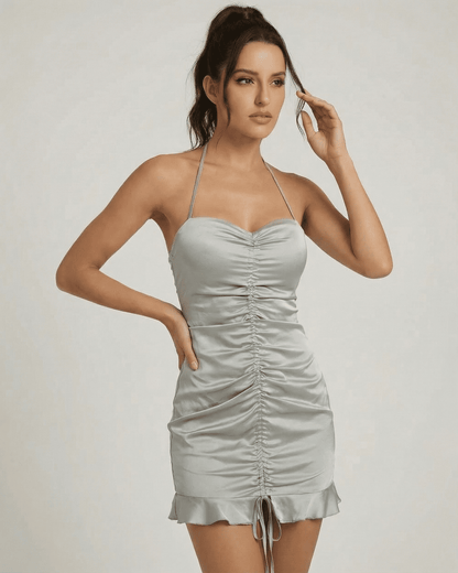 Celeste Mini Dress by Lauven - Satin-effect ruched mini dress with open back, flattering silhouette and elegant design.