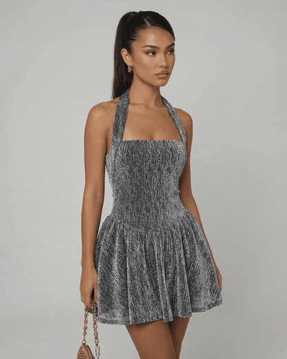 Celeste Mini Dress by Lauven in shimmering sequin texture with a structured A-line silhouette.