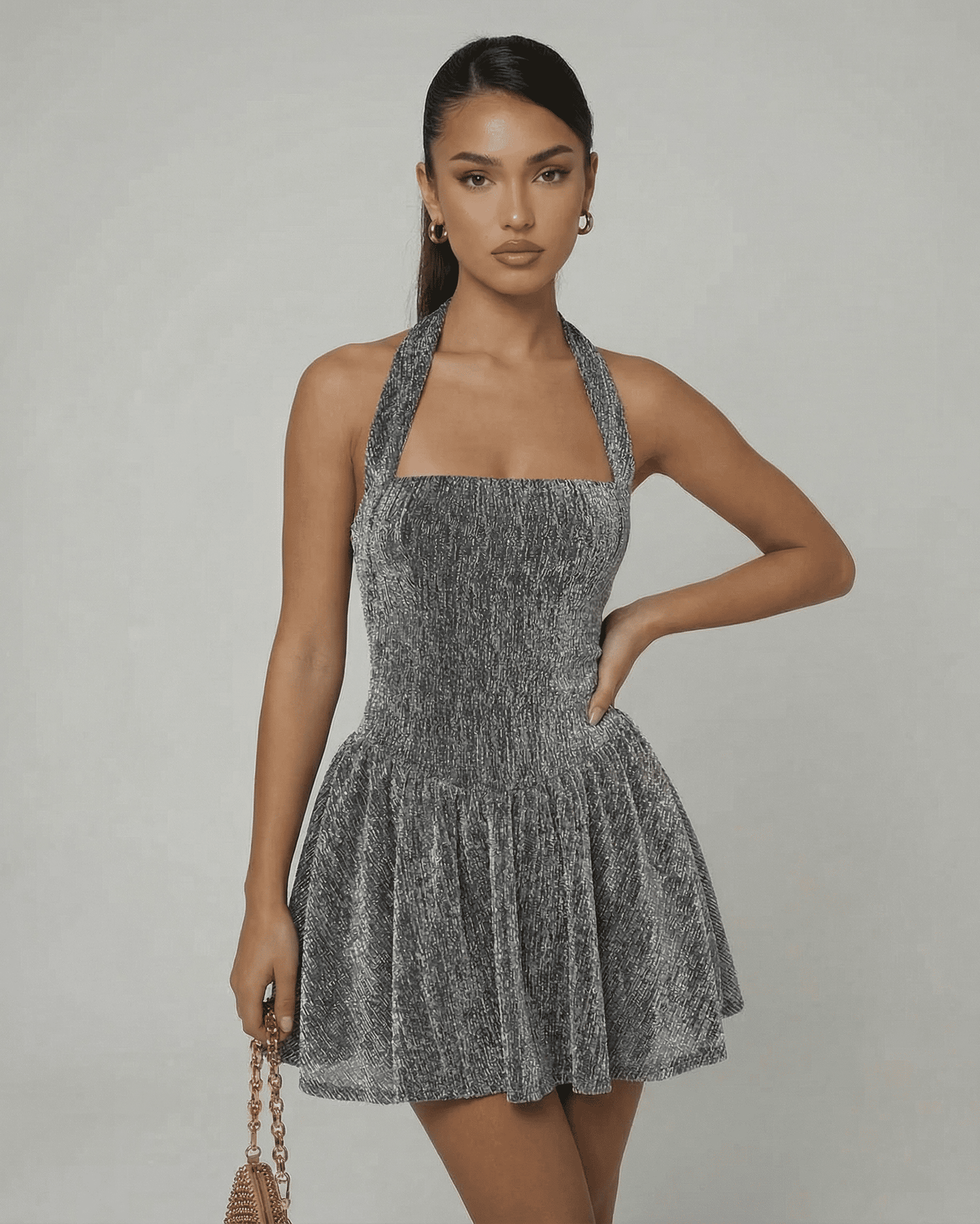 Celeste Mini Dress by Lauven in silver sequin, A-line silhouette with high waist, perfect for evening events.