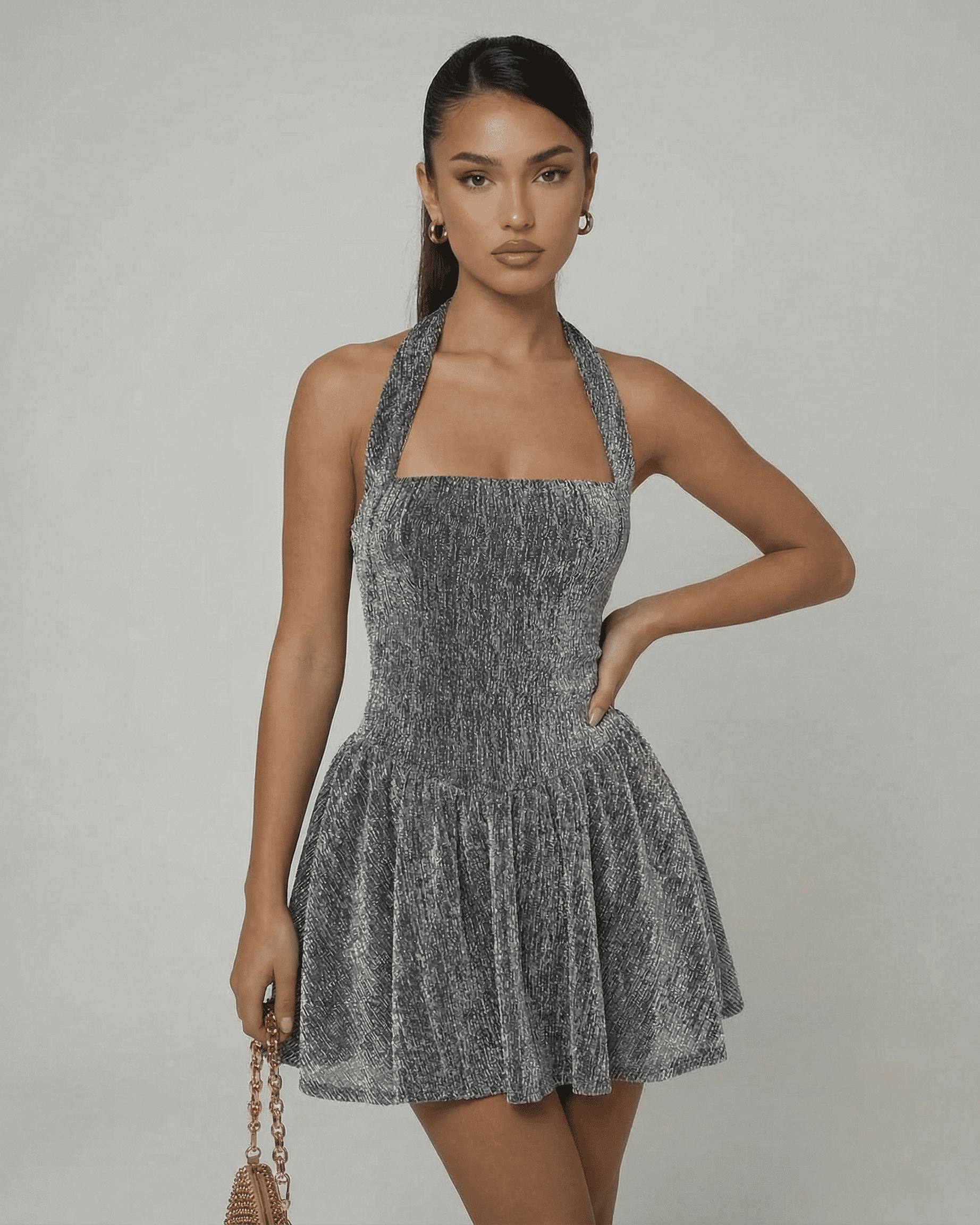 Celeste Mini Dress by Lauven in silver sequin, A-line silhouette with high waist, perfect for evening events.