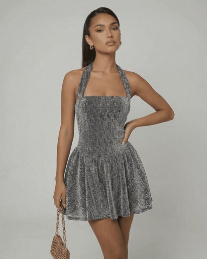 Celeste Mini Dress by Lauven, featuring a shimmering sequin texture and structured A-line silhouette for an elegant look.