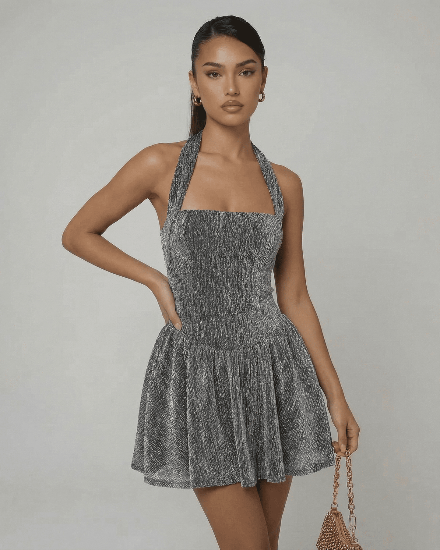 Celeste Mini Dress by Lauven – Sequin A-Line dress with high waist and collarless neckline.