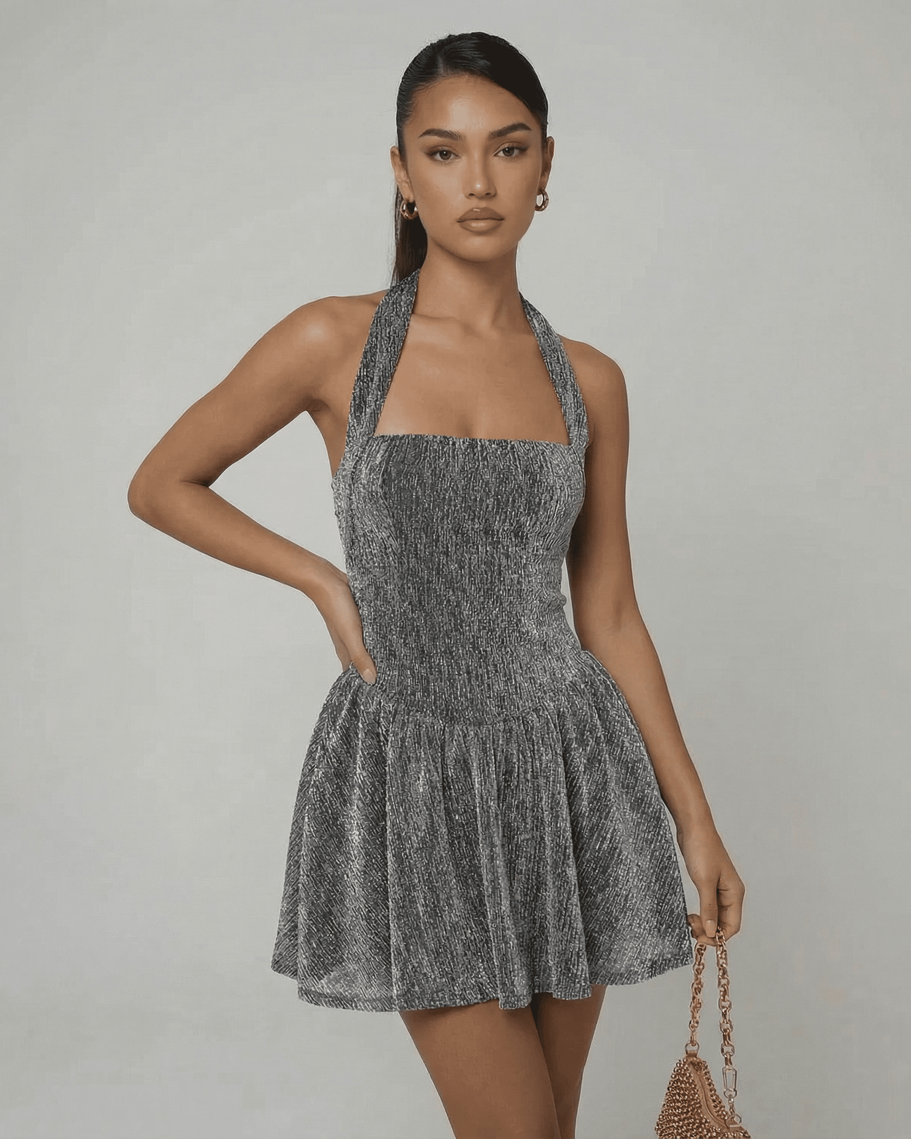 Celeste Mini Dress by Lauven – Sequin A-Line dress with high waist and collarless neckline.