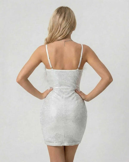 Back view of the Celeste Mini Dress by Lauven, featuring shimmering sequins and faux fur detailing.