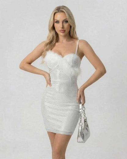 Celeste Mini Dress by Lauven, featuring a sequin bodycon design with faux fur, V-neckline, and a sleek silhouette.