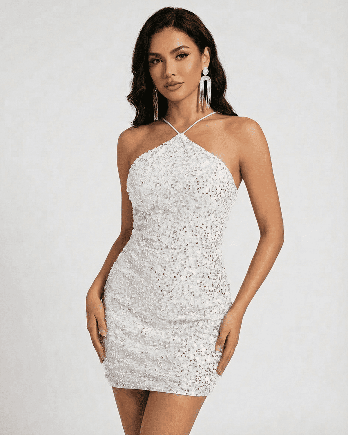 Celeste Mini Dress by Lauven, a sequin bodycon mini dress with high waist silhouette and elegant white finish.
