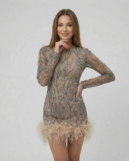 Celeste Mini Dress by Lauven featuring sequin embellishments and feather trim in taupe.