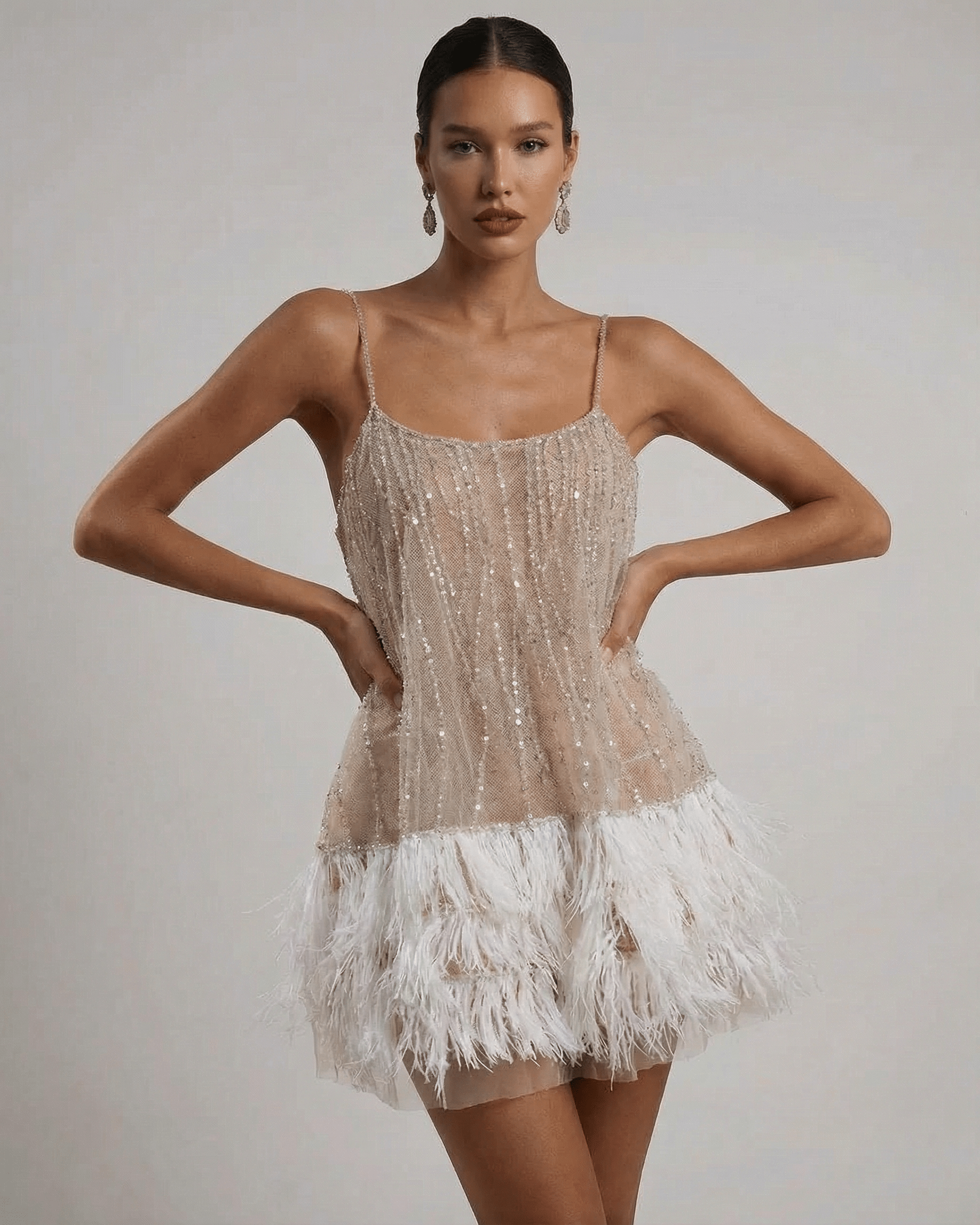 Celeste Mini Dress by Lauven featuring sequin tulle and feather tassel hem, perfect for fairycore style.