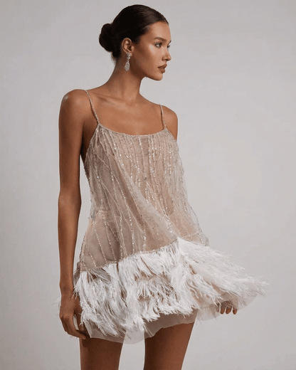 Celeste Mini Dress by Lauven - Sequin Tulle Fairycore Mini Dress with Feather Tassel Hem.