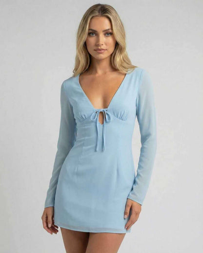 Celeste Mini Dress by Lauven in soft blue featuring a V-neckline and sheer long sleeves, perfect for a chic look.