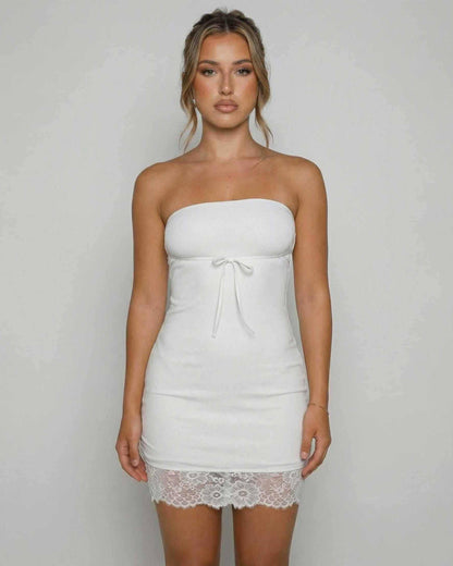 Celeste Mini Dress by Lauven, featuring a strapless design and lace hem detail.